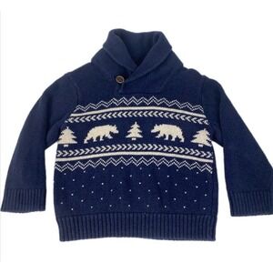 The Children's Place Sweater Boys 12-18M Blue Shawl Collar Polar Bear Fair Isle
